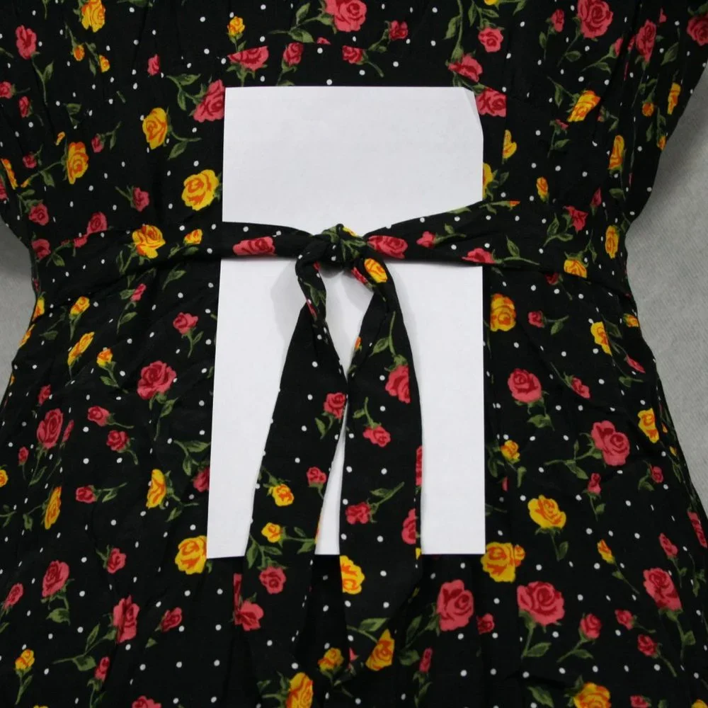 Vintage 50’s DJI Black Rayon Floral Midi Dress w/ Drawstring Belt SZ 10 EUC - Picture 5 of 8